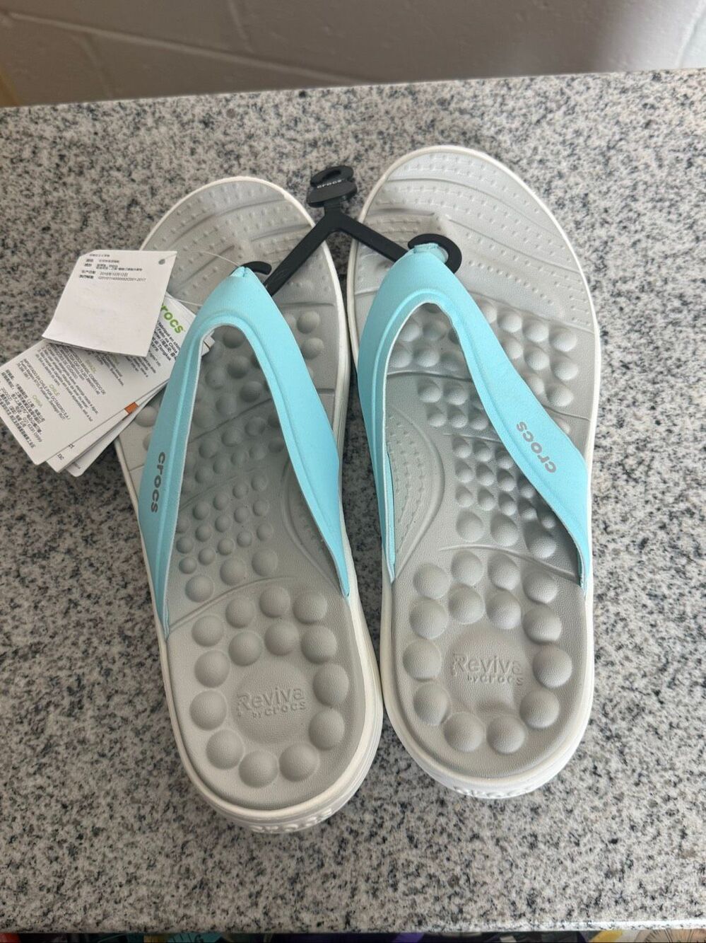 Crocs Women’s Reviva Flip Flops W10 Ice Blue White Comfort Sandals NWT